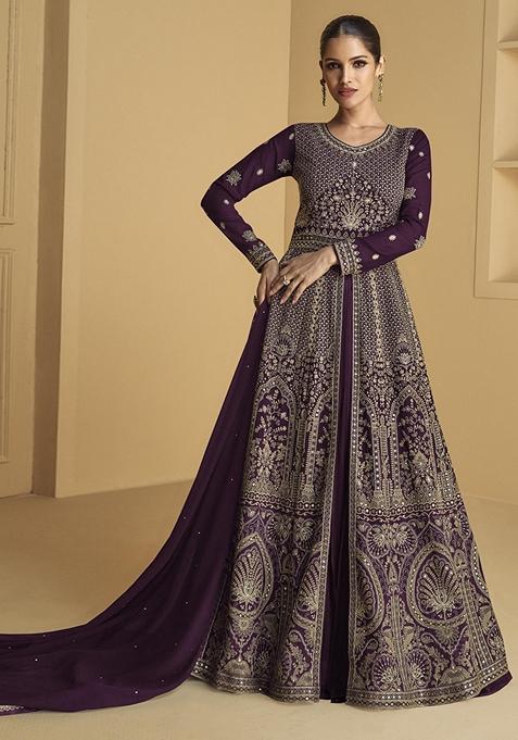 Purple Embroidered Georgette Anarkali Set
