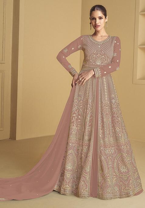 Peach Embroidered Georgette Anarkali Set