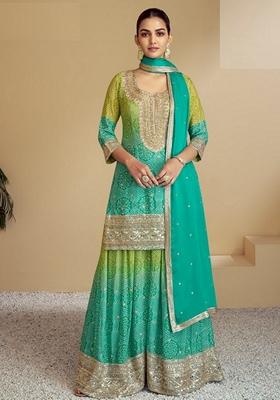 Teal Embroidered Chinon Sharara Set