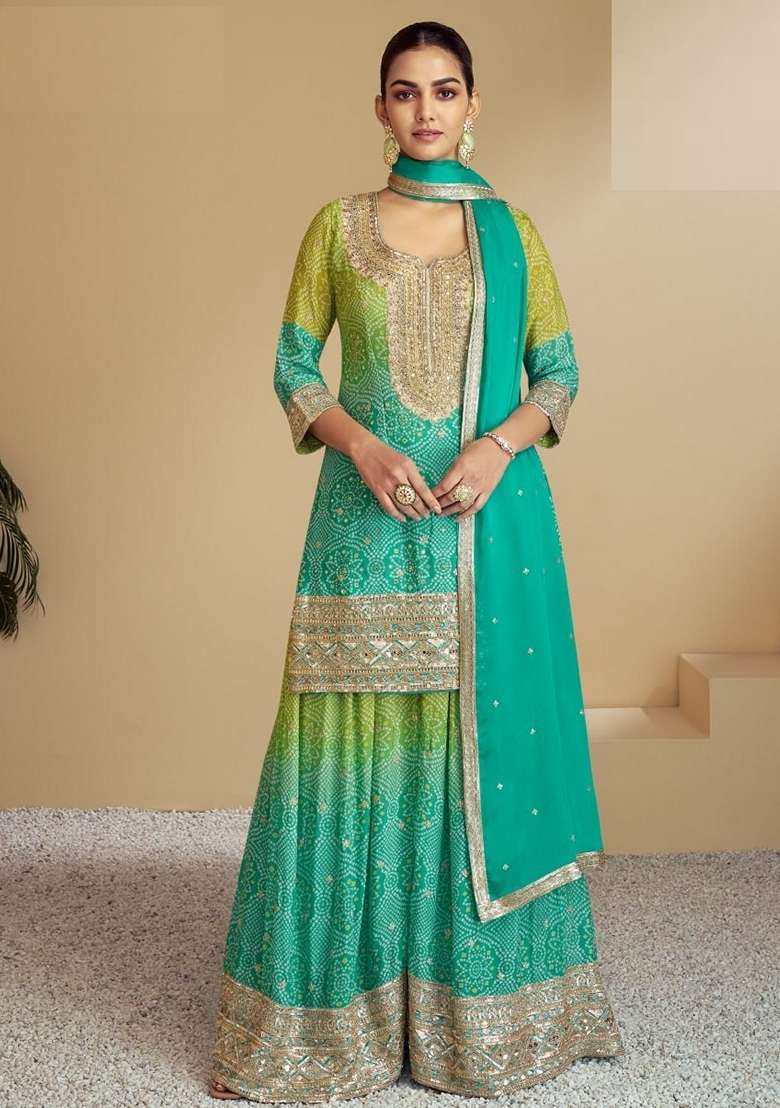Teal Embroidered Chinon Sharara Set - Indya