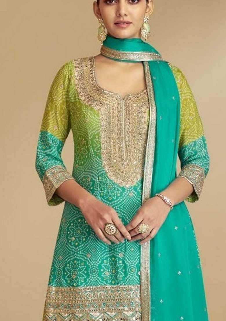 Teal Embroidered Chinon Sharara Set - Indya