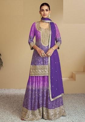 Purple Embroidered Chinon Sharara Set
