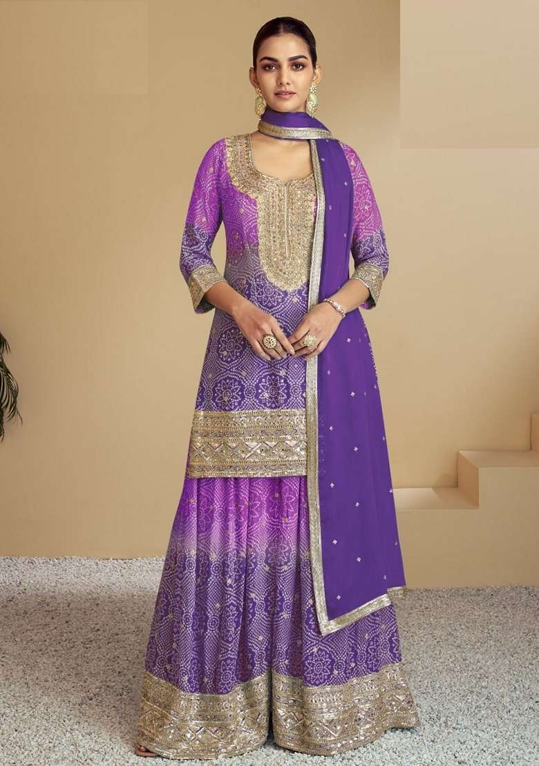 Purple Bandhani Chinon Sharara Set - Indya