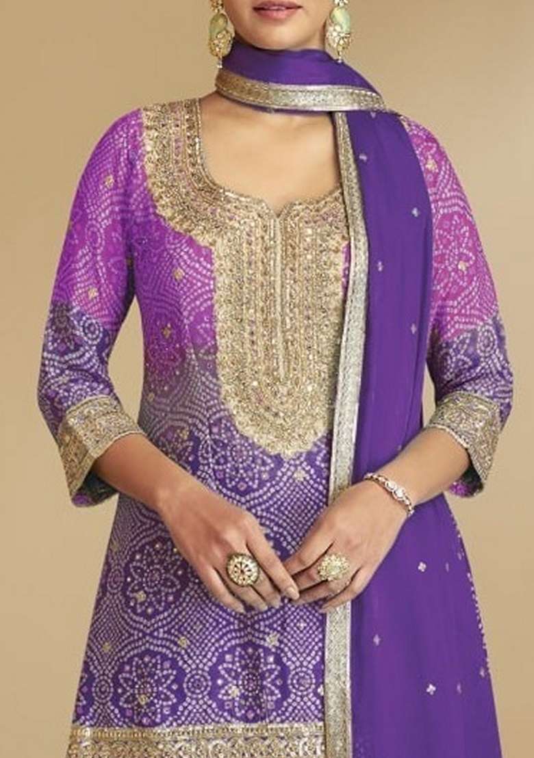 Purple Bandhani Chinon Sharara Set - Indya