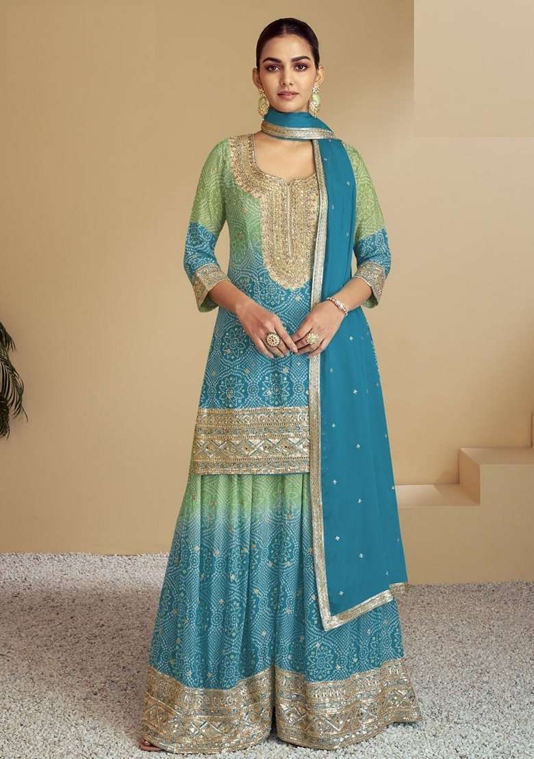 Sky Blue Embroidered Chinon Sharara Set - Indya
