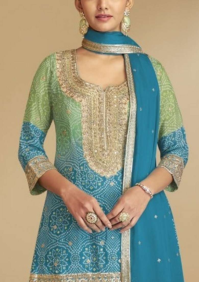 Sky Blue Embroidered Chinon Sharara Set - Indya