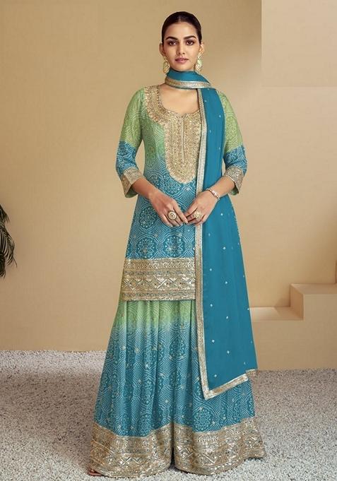 Sky Blue Embroidered Chinon Sharara Set