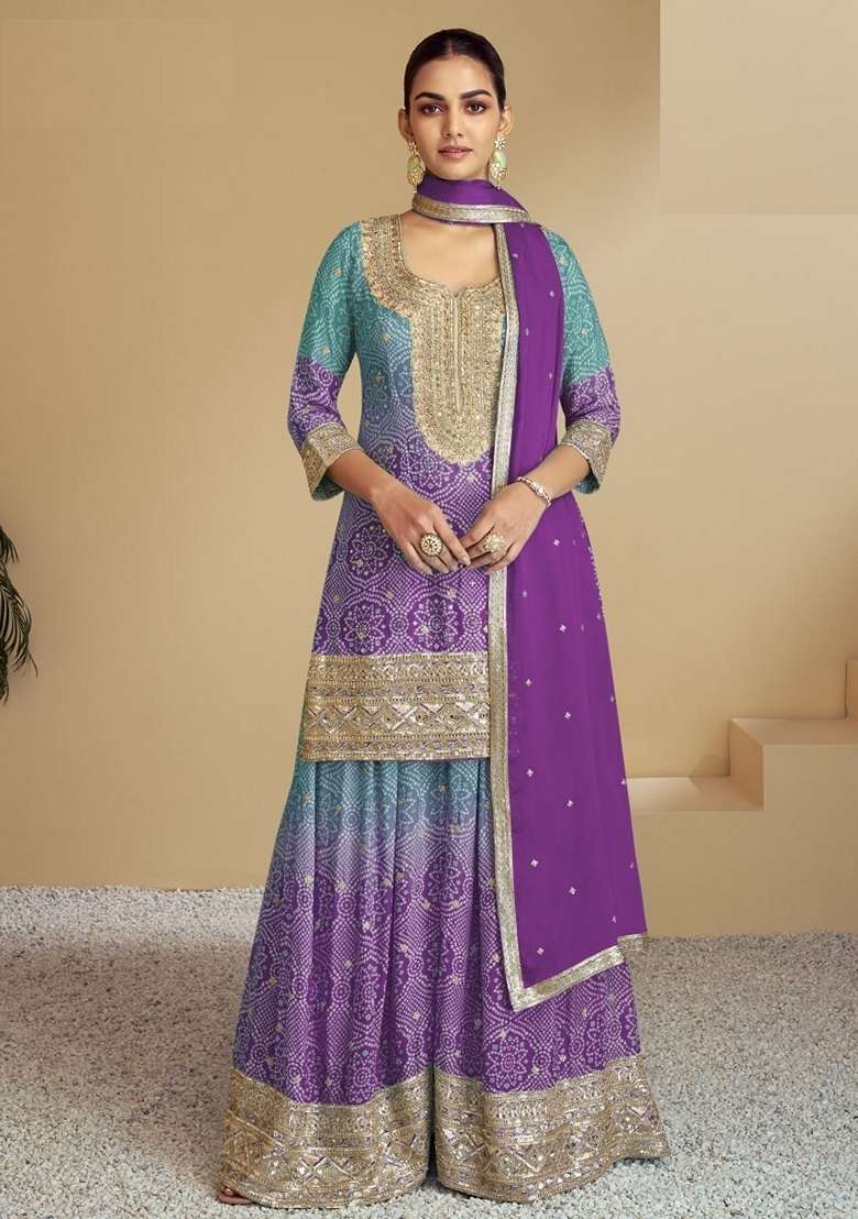 Magenta Bandhani Chinon Sharara Set - Indya