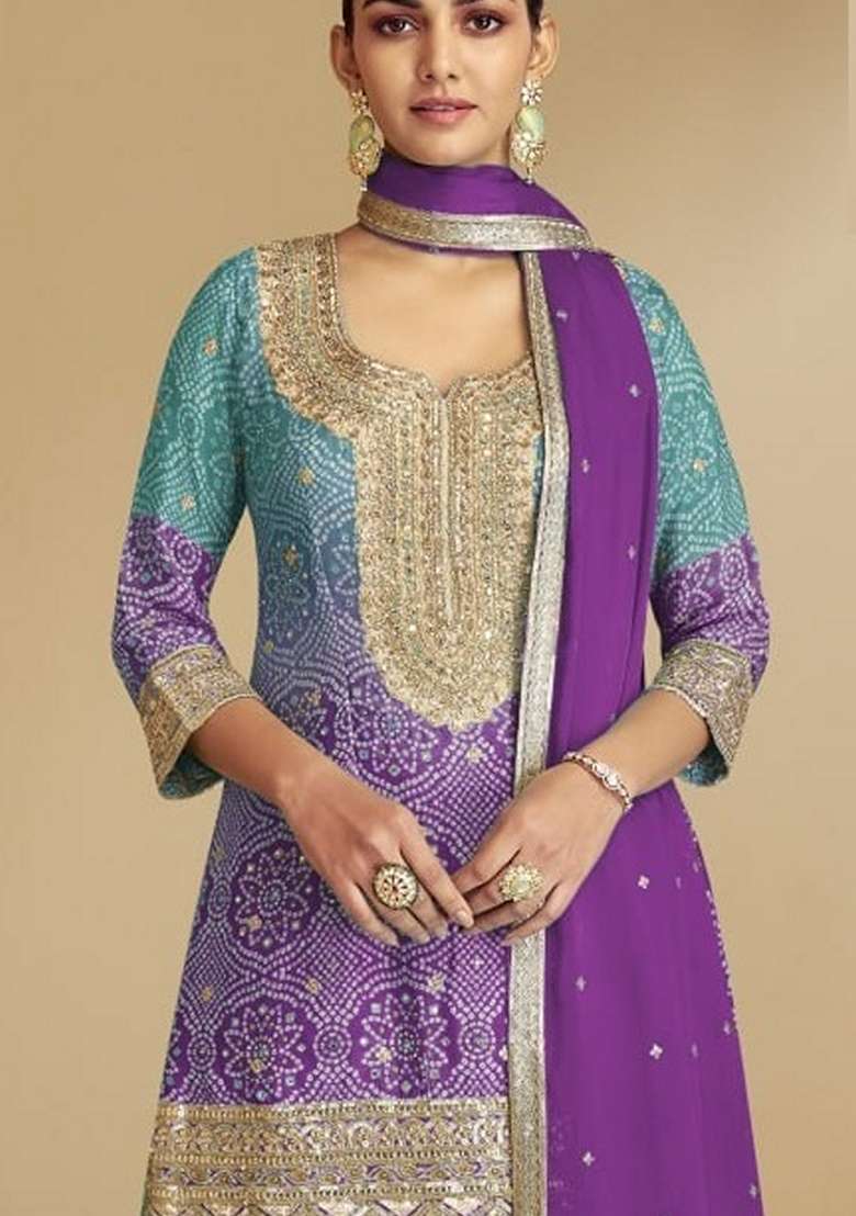 Magenta Bandhani Chinon Sharara Set - Indya