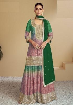 Green Embroidered Chinon Sharara Set