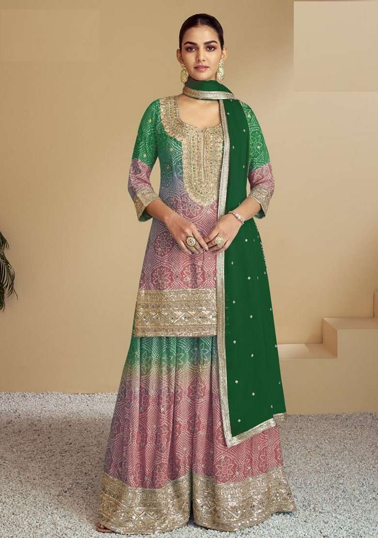 Green Embroidered Chinon Sharara Set - Indya