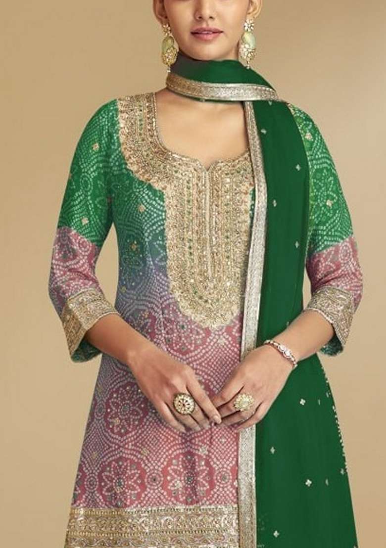 Green Embroidered Chinon Sharara Set - Indya