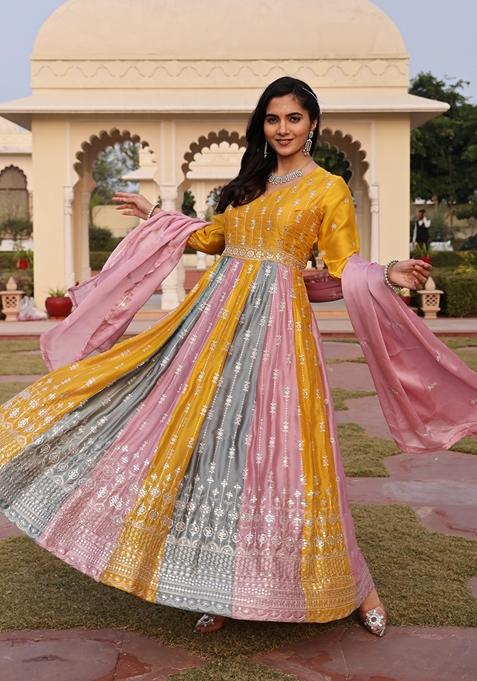 Multicolor Sequin Embroidered Rangoli Silk Anarkali Set