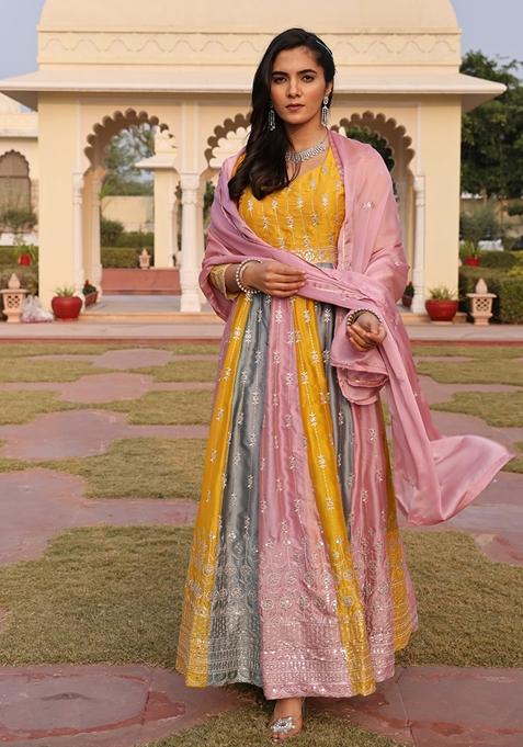 Multicolor Sequin Embroidered Rangoli Silk Anarkali Set