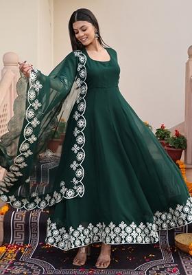 Green Ribbon Work Embroidered Georgette Anarkali Set