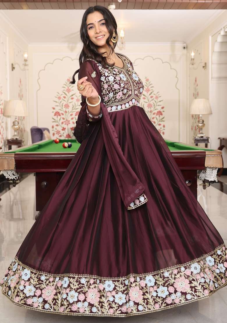 Coffee Brown Embroidered Silk Blend Anarkali Set - Indya