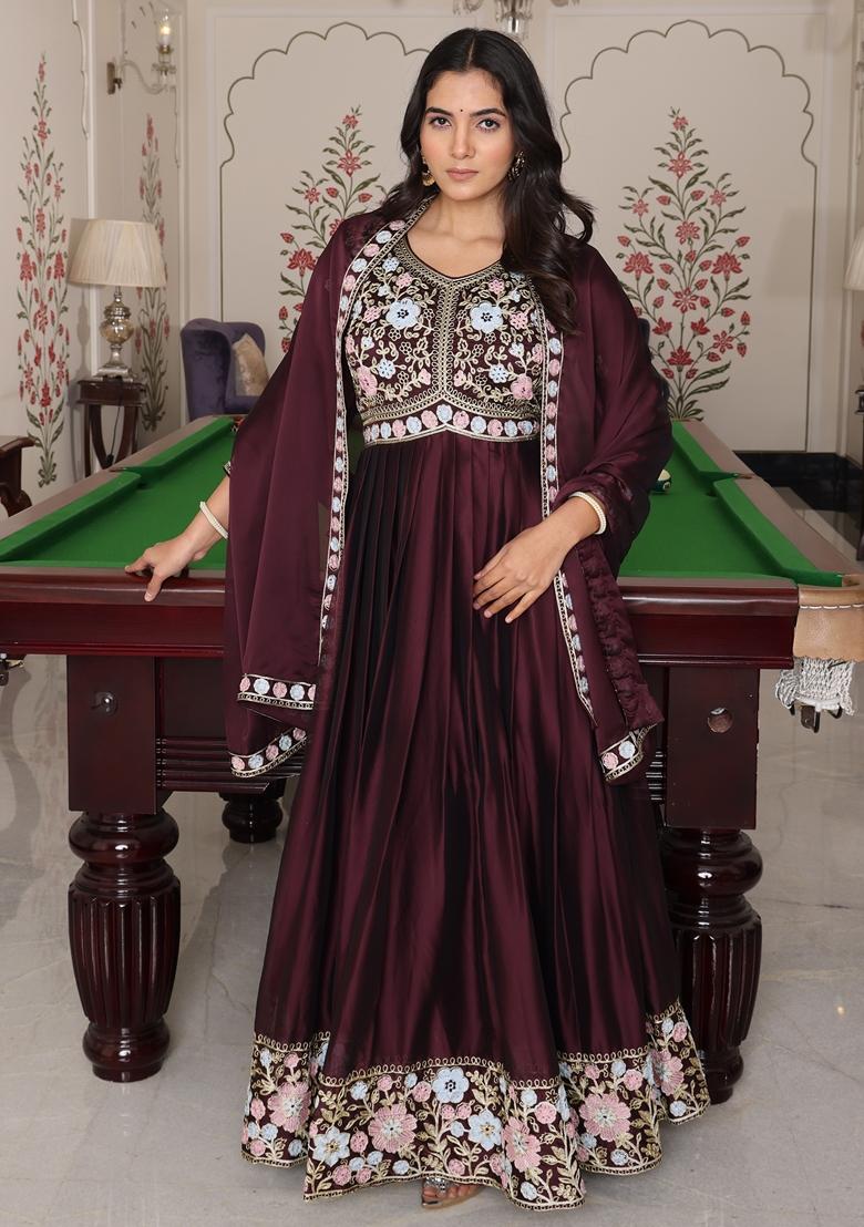 Coffee Brown Embroidered Rangoli Silk Anarkali Set