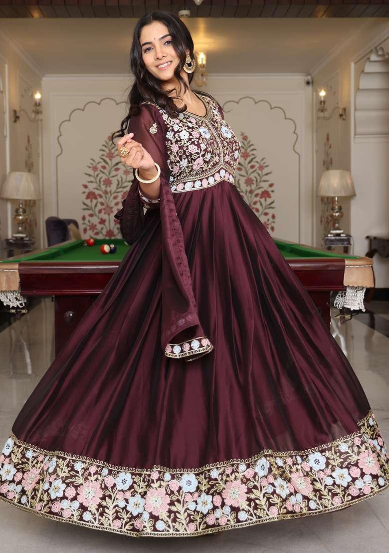 Coffee Brown Embroidered Silk Blend Anarkali Set - Indya