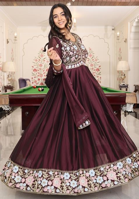 Coffee Brown Embroidered Rangoli Silk Anarkali Set