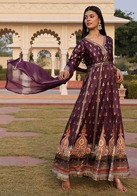 Purple Foil Work Satin Anarkali Set
