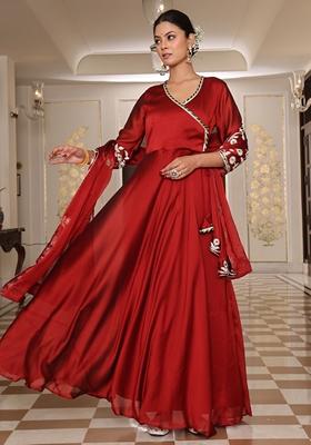 Maroon Ribbon Work Embroidered Rangoli Silk Anarkali Set