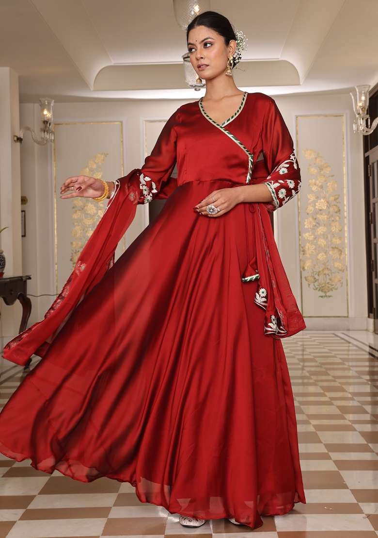 Maroon Embroidered Silk Blend Anarkali Set - Indya