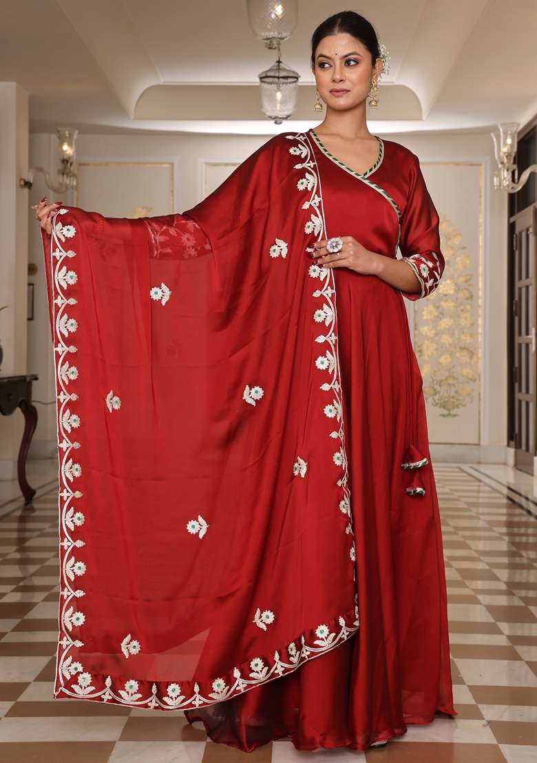 Maroon Embroidered Silk Blend Anarkali Set - Indya