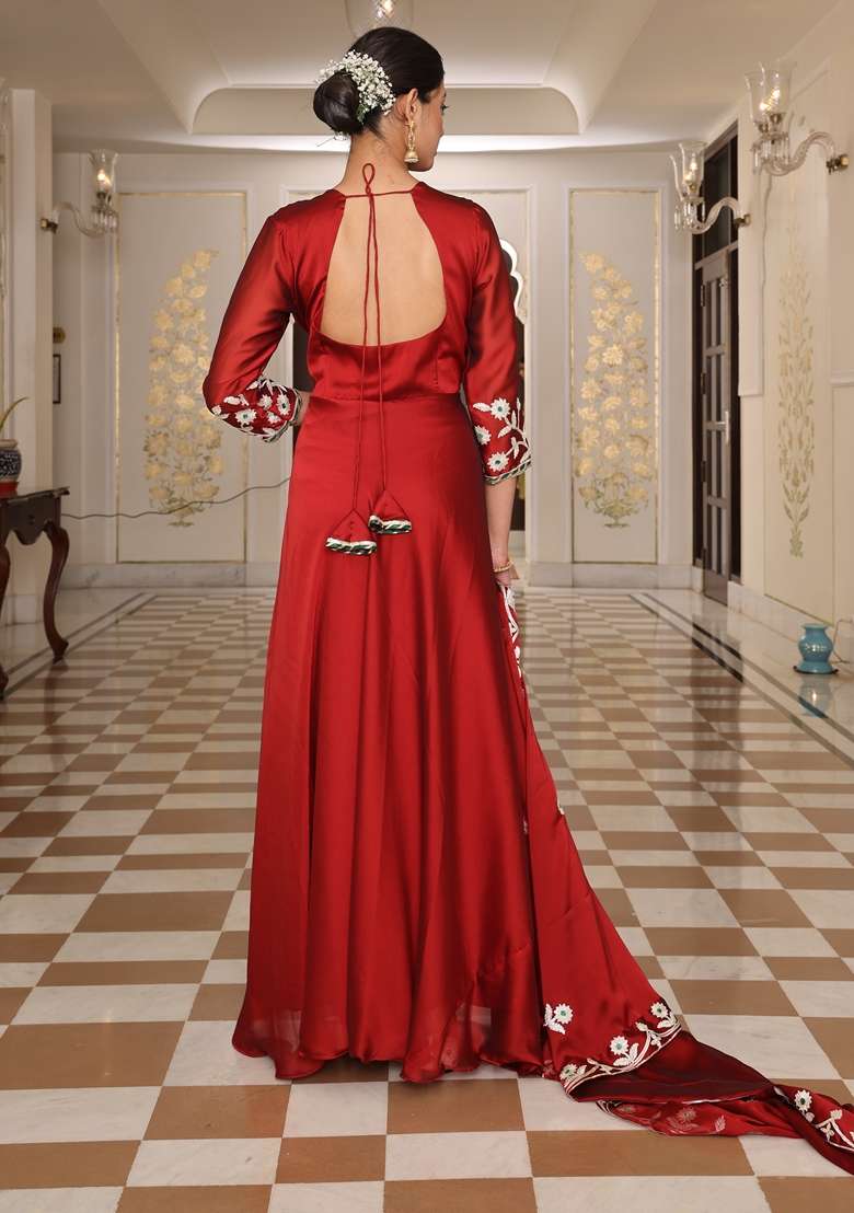 Maroon Embroidered Silk Blend Anarkali Set - Indya
