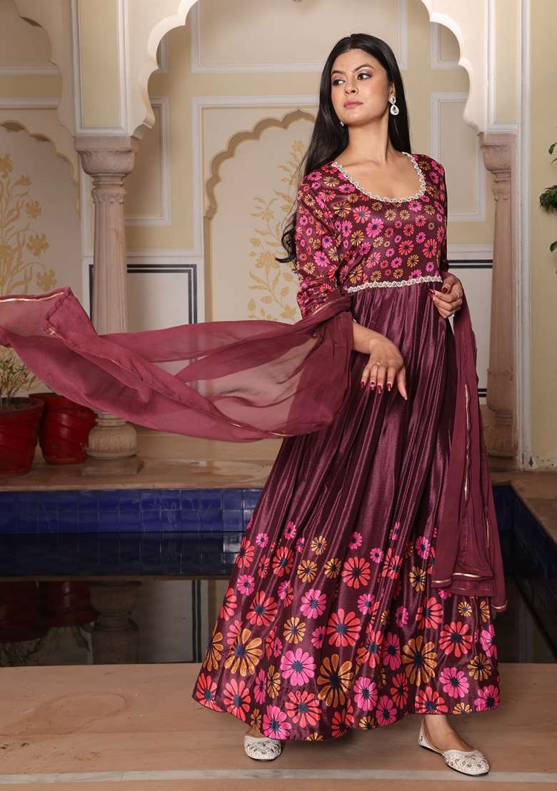 Coffee Brown Embroidered Chinon Anarkali Set - Indya