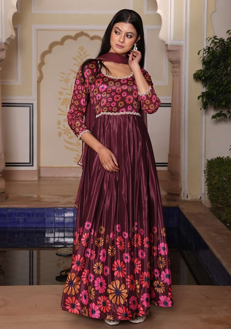 Coffee Brown Embroidered Chinon Anarkali Set - Indya