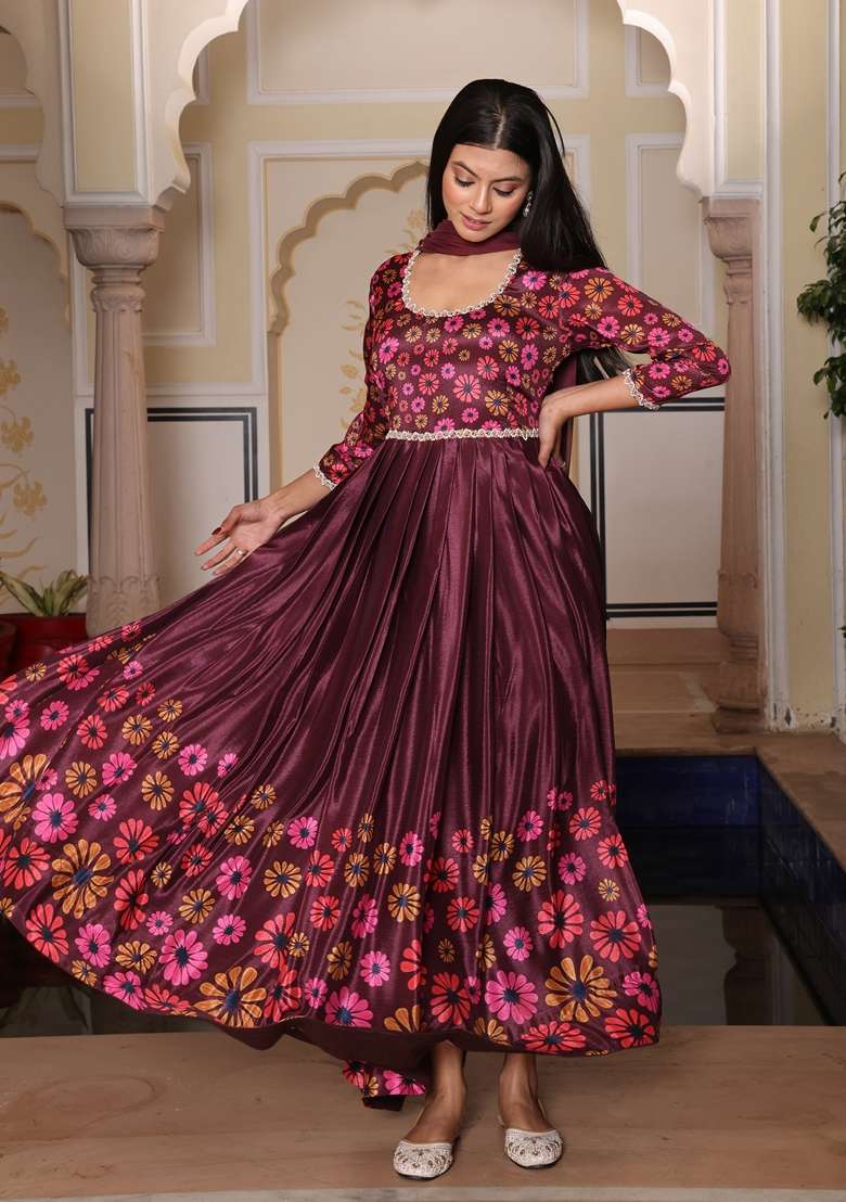 Coffee Brown Embroidered Chinon Anarkali Set - Indya