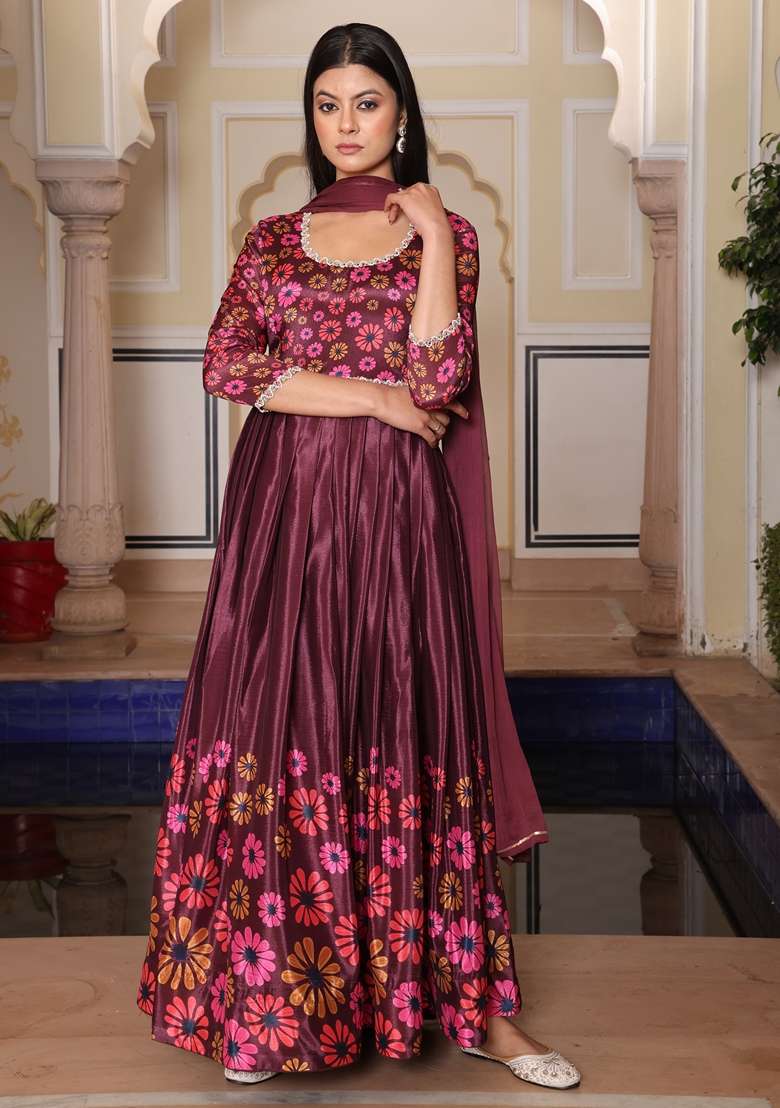 Coffee Brown Embroidered Chinon Anarkali Set - Indya