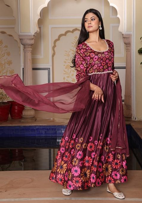 Coffee Brown Printed Chinon Silk Anarkali With Dupatta