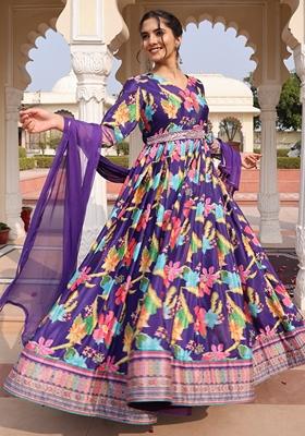 Purple Printed Chinon Silk Anarkali Set