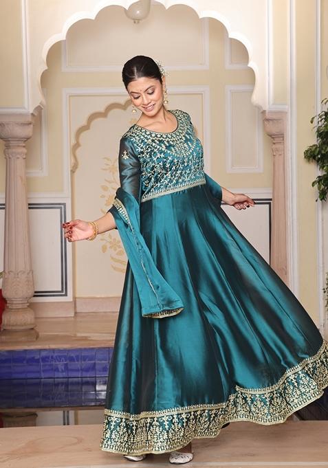 Rama Blue Embroidered Rangoli Silk Anarkali Set