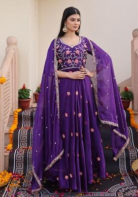 Purple Bead Embroidered Rangoli Silk Anarkali Set