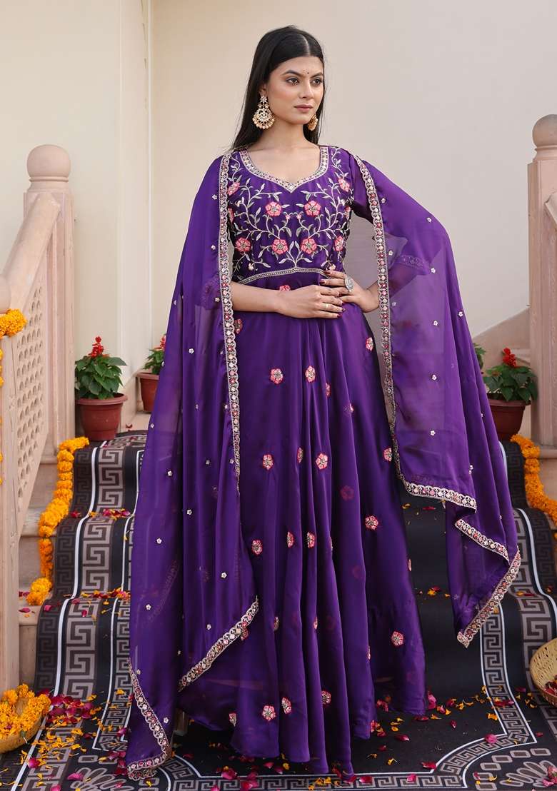 Purple Embroidered Silk Blend Anarkali Set - Indya