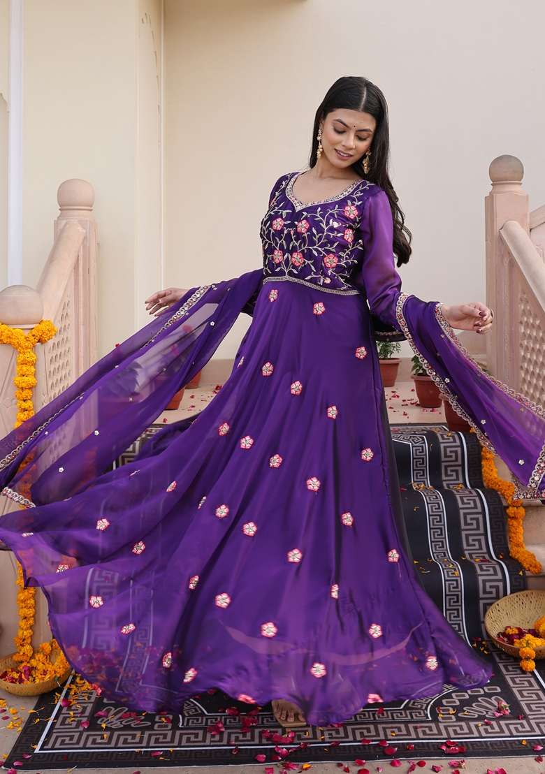 Purple Embroidered Silk Blend Anarkali Set - Indya