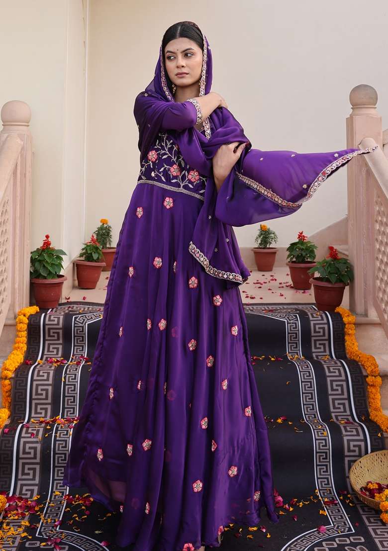 Purple Embroidered Silk Blend Anarkali Set - Indya
