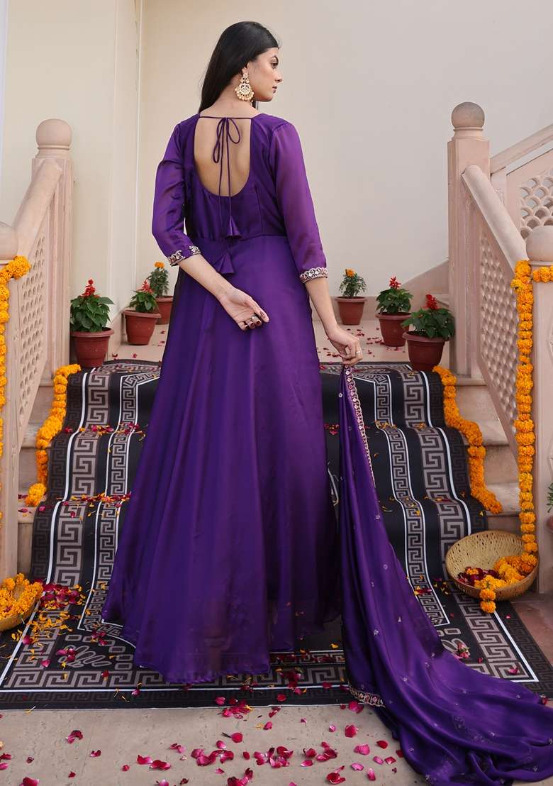 Purple Embroidered Silk Blend Anarkali Set - Indya