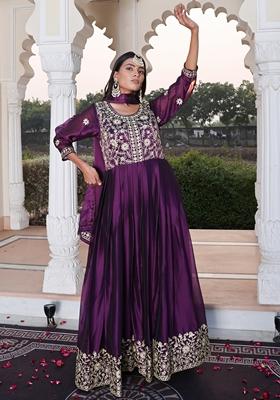 Purple Ribbon Work Embroidered Rangoli Silk Anarkali Set