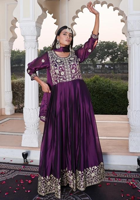 Purple Ribbon Work Embroidered Rangoli Silk Anarkali Set