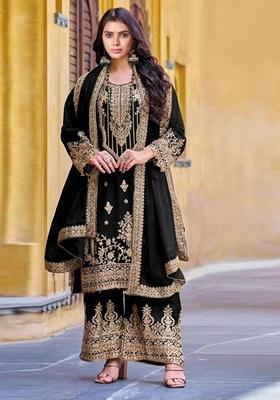 Black Sequin Embroidered Velvet Kurta Set