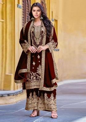 Maroon Sequin Embroidered Velvet Kurta Set