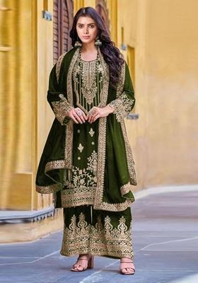 Mehendi Sequin Embroidered Velvet Kurta Set