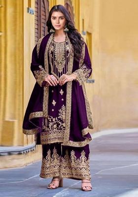 Purple Sequin Embroidered Velvet Kurta Set