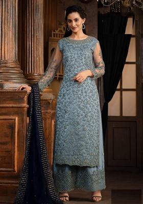 Blue Embroidered Net Kurta Set