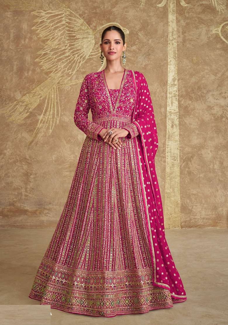Pink Embroidered Georgette Kurta Set - Indya