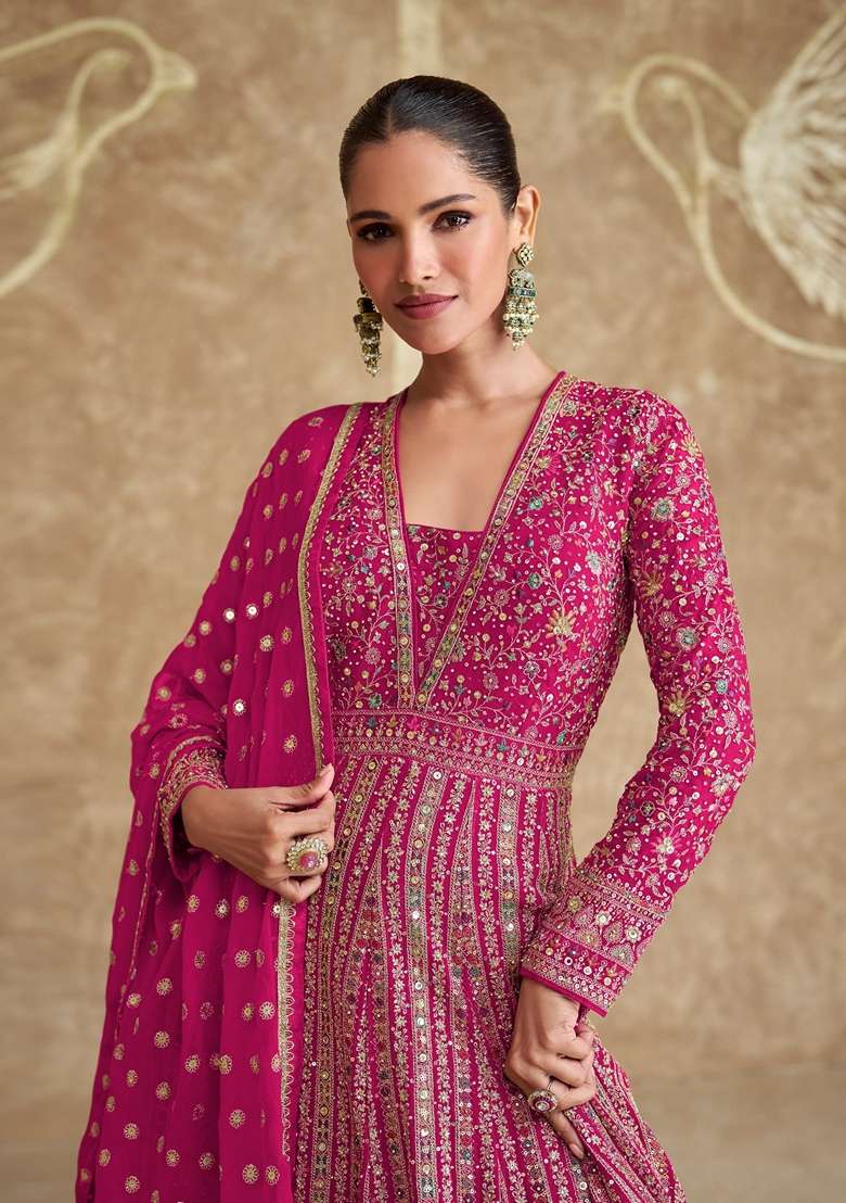 Pink Embroidered Georgette Kurta Set - Indya