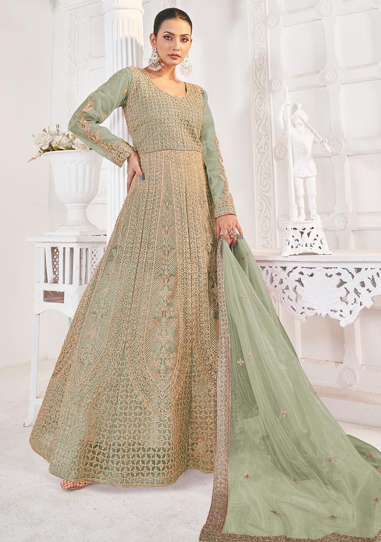 Green Sequin Embroidered NET Anarkali Set